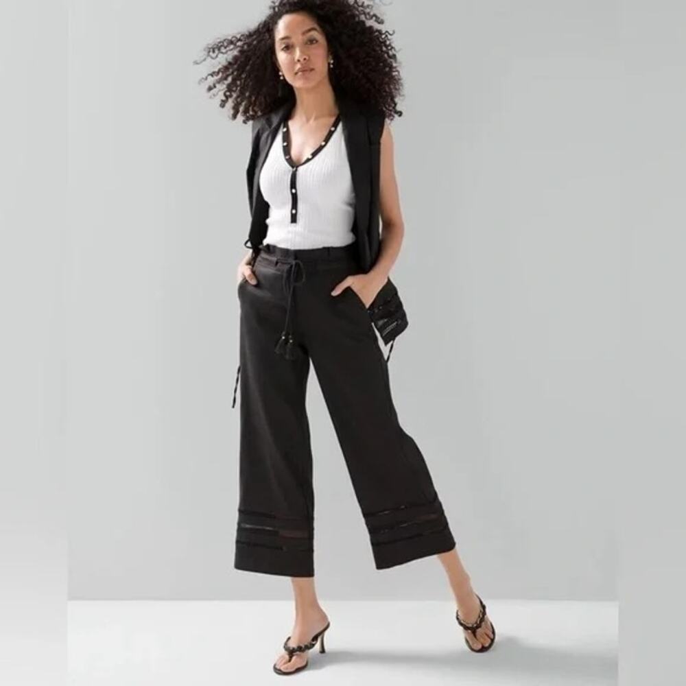 White House Black Market Black Linen Tassel-Tie Wide Leg Crop Pant Black 12